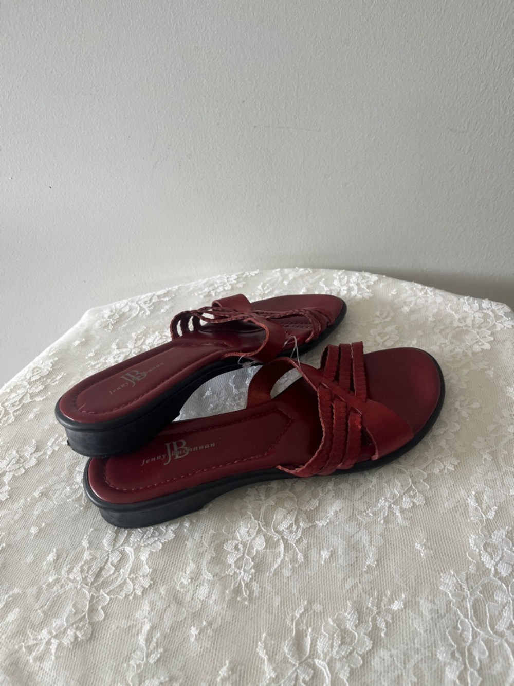 Jenny Buchanan Red Braided Slip-On Women's Leather Wedge Sandals Size 6.5